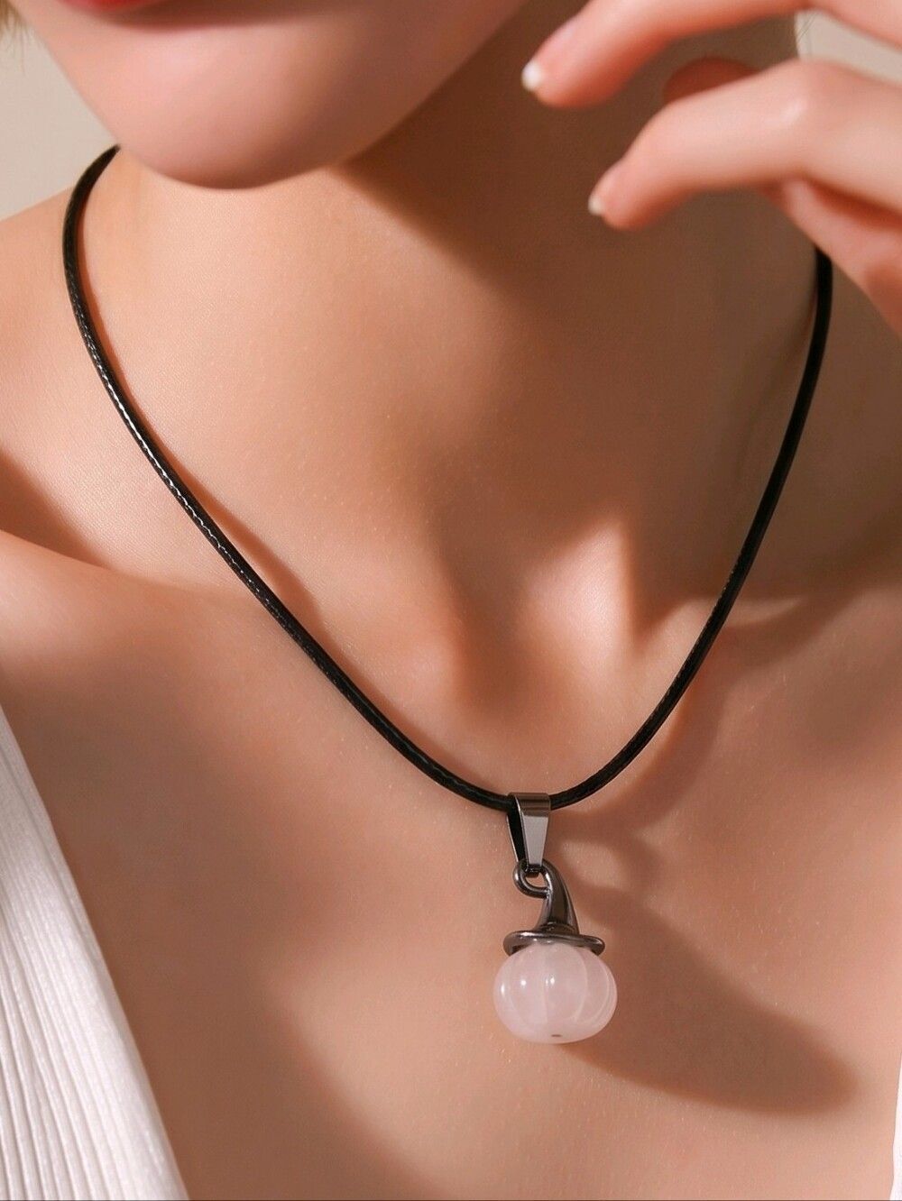 Rose Quartz Pumpkin Pendant Necklace Fairy Grunge Soft Girl Crystal Y2K Jewelry